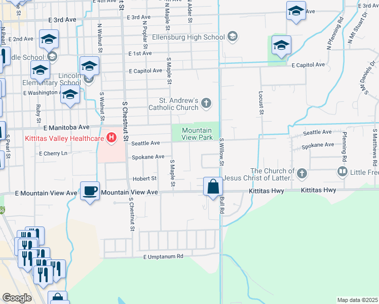 map of restaurants, bars, coffee shops, grocery stores, and more near 606 Tamarack Street in Ellensburg