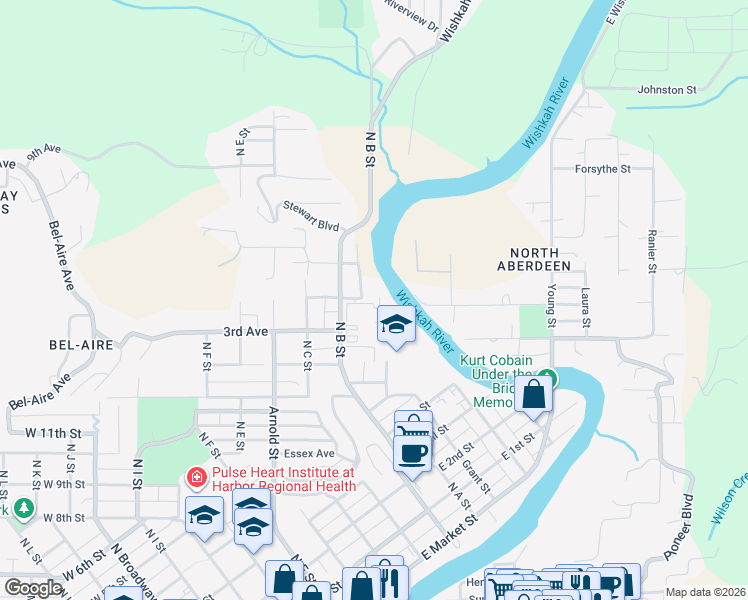 map of restaurants, bars, coffee shops, grocery stores, and more near 1516 North B Street in Aberdeen