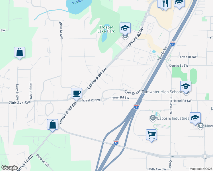map of restaurants, bars, coffee shops, grocery stores, and more near 6640 Littlerock Road Southwest in Tumwater