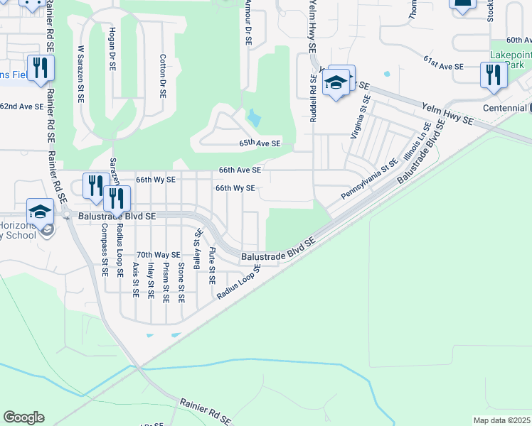 map of restaurants, bars, coffee shops, grocery stores, and more near 6868 Fresco Drive Southeast in Olympia