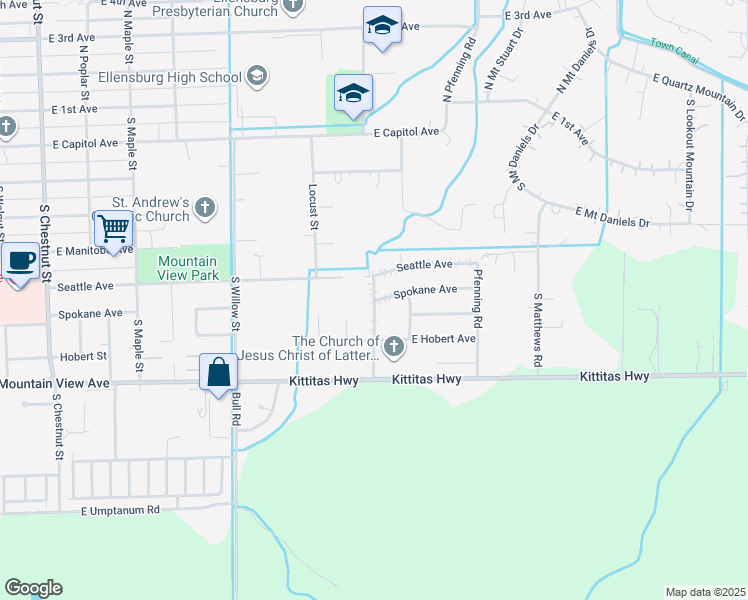 map of restaurants, bars, coffee shops, grocery stores, and more near 601 Magnolia Street in Ellensburg