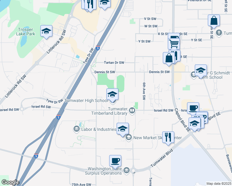 map of restaurants, bars, coffee shops, grocery stores, and more near 700 Israel Road Southwest in Tumwater