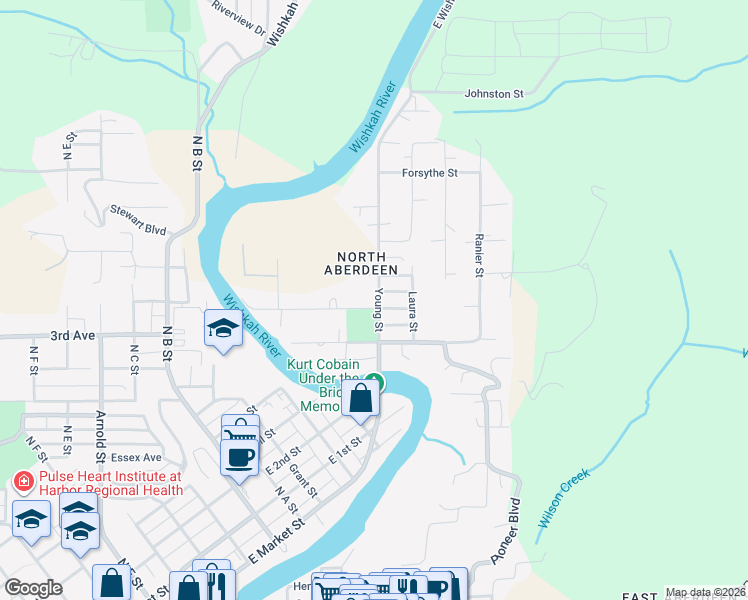 map of restaurants, bars, coffee shops, grocery stores, and more near 1611 Young Street in Aberdeen