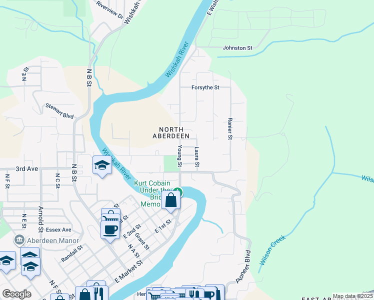 map of restaurants, bars, coffee shops, grocery stores, and more near 1121 Tecumseh Street in Aberdeen