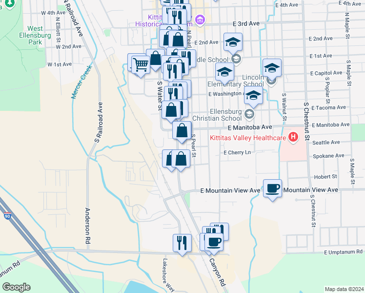 map of restaurants, bars, coffee shops, grocery stores, and more near 506 South Main Street in Ellensburg