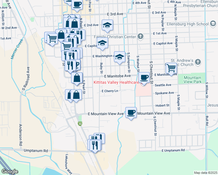 map of restaurants, bars, coffee shops, grocery stores, and more near 401 East Cherry Lane in Ellensburg