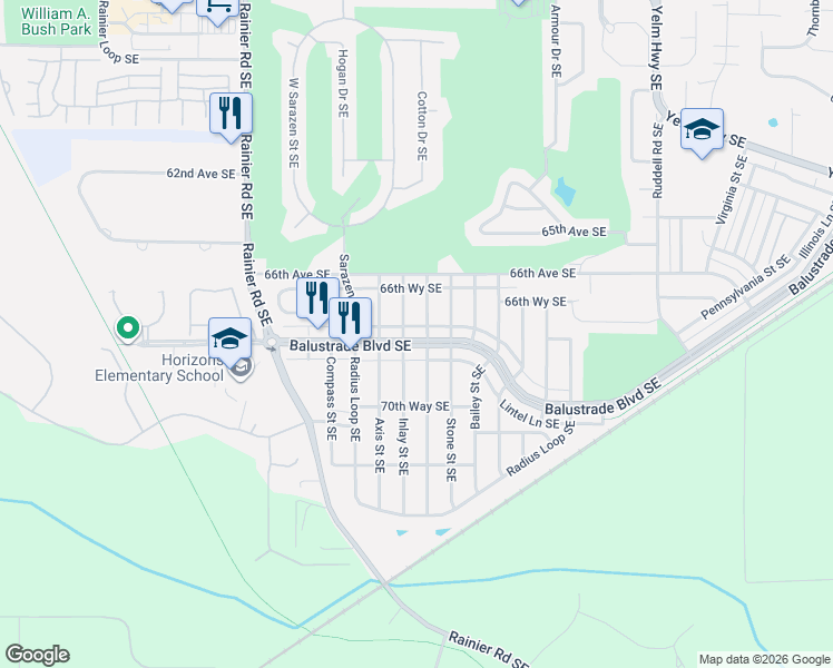 map of restaurants, bars, coffee shops, grocery stores, and more near 6734 Inlay Street Southeast in Lacey