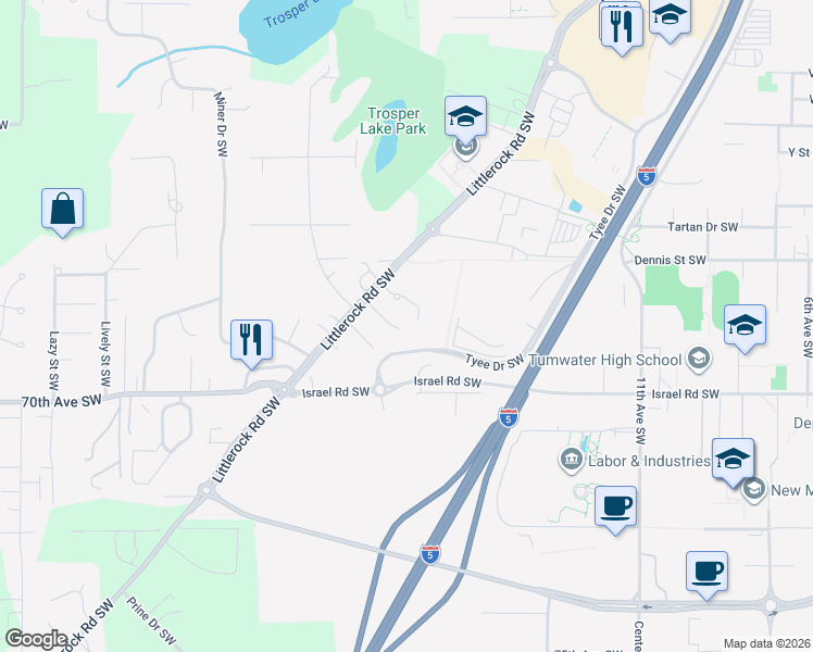 map of restaurants, bars, coffee shops, grocery stores, and more near 6640 Littlerock Road Southwest in Tumwater