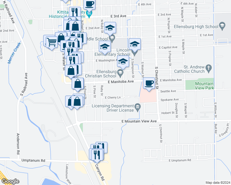 map of restaurants, bars, coffee shops, grocery stores, and more near 401 East Cherry Lane in Ellensburg
