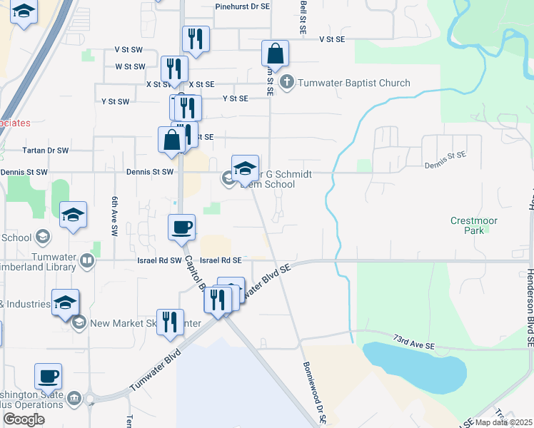 map of restaurants, bars, coffee shops, grocery stores, and more near 6710-6712 Bonniewood Drive Southeast in Tumwater