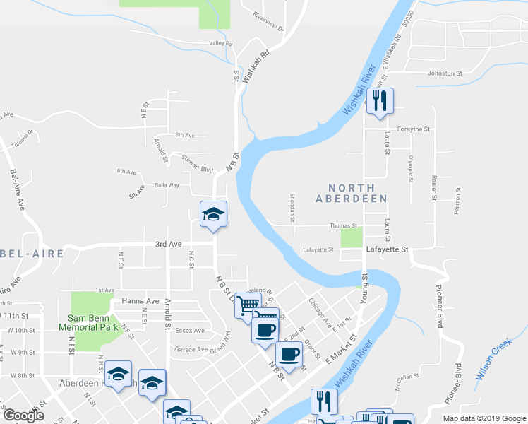 map of restaurants, bars, coffee shops, grocery stores, and more near 624 Thomas Street in Aberdeen