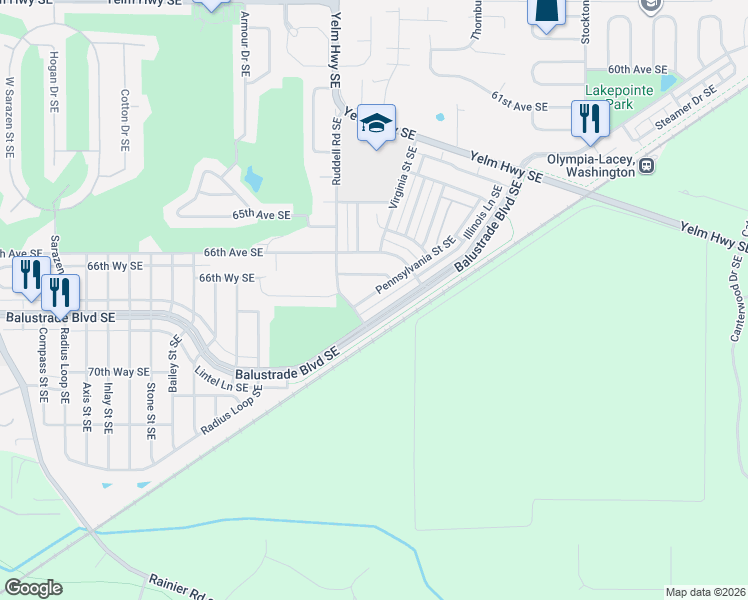 map of restaurants, bars, coffee shops, grocery stores, and more near 5832 Balustrade Boulevard Southeast in Lacey