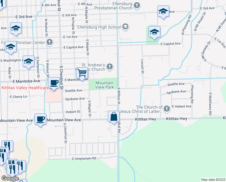 map of restaurants, bars, coffee shops, grocery stores, and more near 1118 Seattle Avenue in Ellensburg