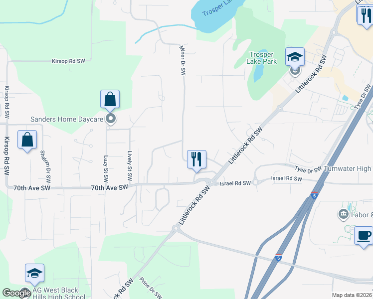 map of restaurants, bars, coffee shops, grocery stores, and more near 6708 Miner Drive Southwest in Tumwater