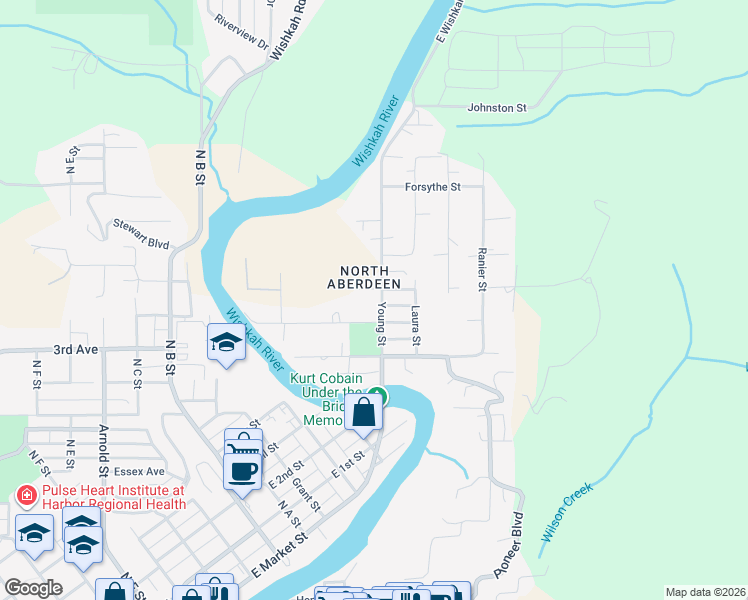 map of restaurants, bars, coffee shops, grocery stores, and more near 1611 Young Street in Aberdeen