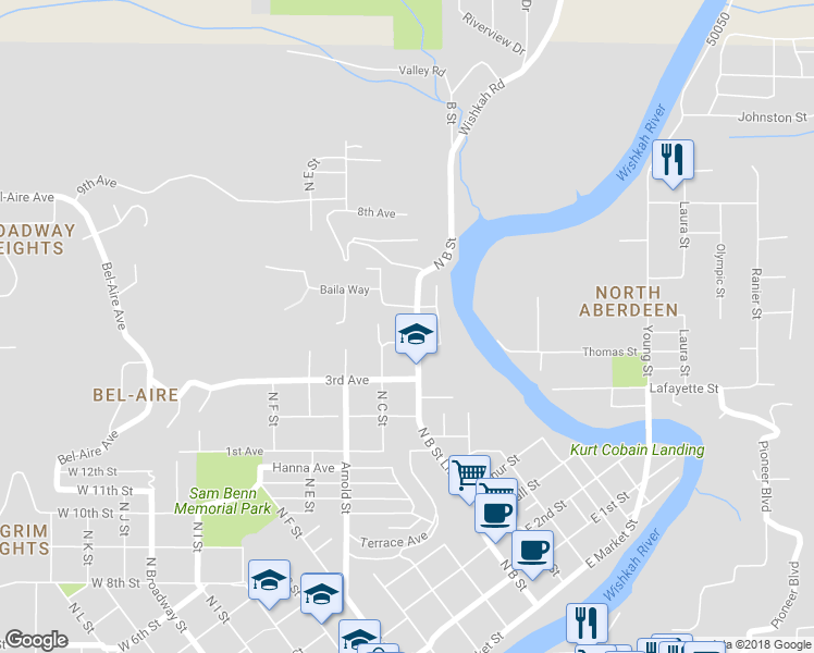 map of restaurants, bars, coffee shops, grocery stores, and more near 1609 North B Street in Aberdeen