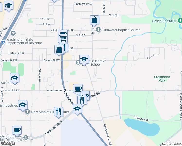 map of restaurants, bars, coffee shops, grocery stores, and more near 6710-6712 Bonniewood Drive Southeast in Tumwater