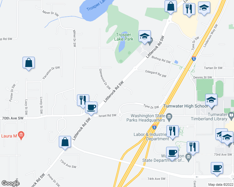 map of restaurants, bars, coffee shops, grocery stores, and more near 2240 McIver Court Southwest in Tumwater