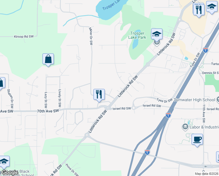 map of restaurants, bars, coffee shops, grocery stores, and more near 2302 Miner Court Southwest in Tumwater