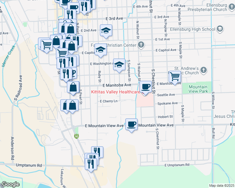 map of restaurants, bars, coffee shops, grocery stores, and more near 507 South Anderson Street in Ellensburg