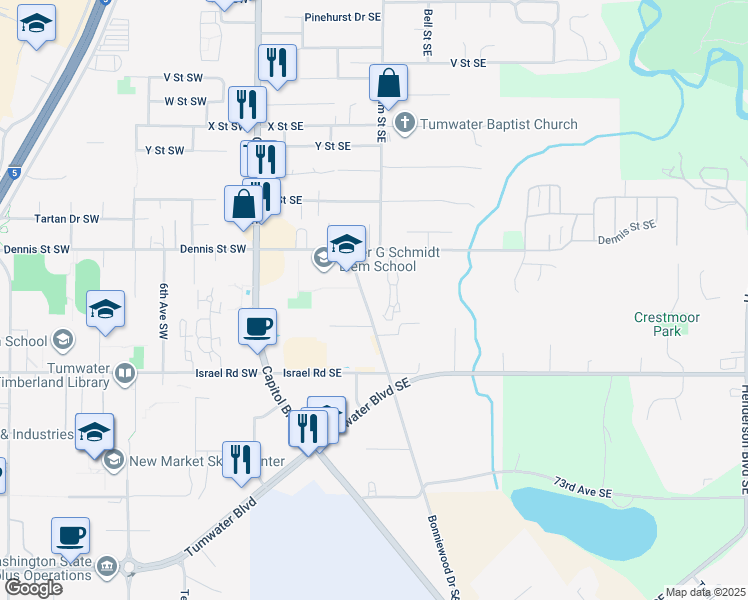 map of restaurants, bars, coffee shops, grocery stores, and more near 6710-6712 Bonniewood Drive Southeast in Tumwater