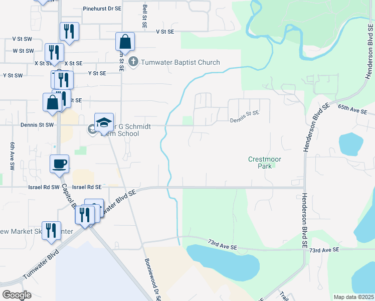 map of restaurants, bars, coffee shops, grocery stores, and more near 6743 Silver Ridge Drive Southeast in Tumwater