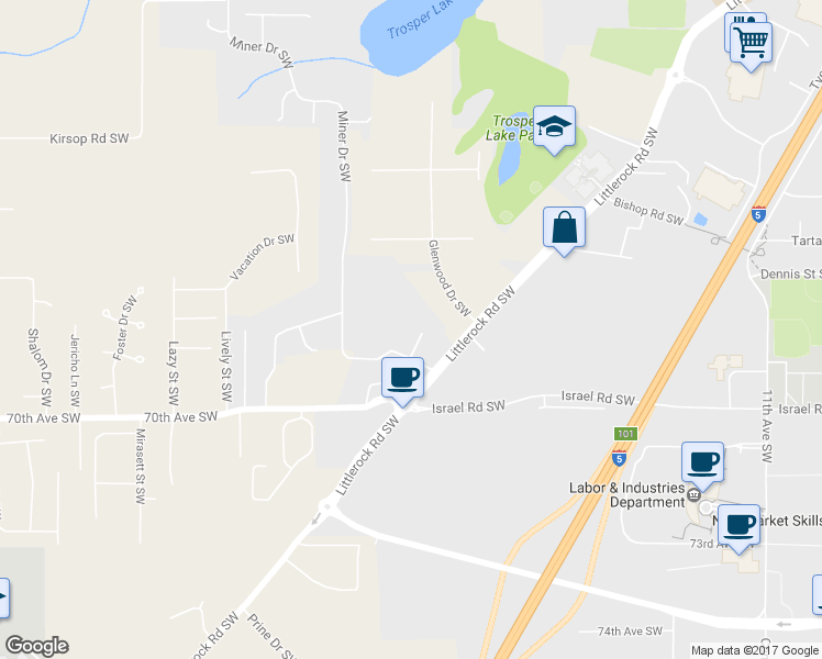 map of restaurants, bars, coffee shops, grocery stores, and more near 2302 Miner Court Southwest in Tumwater