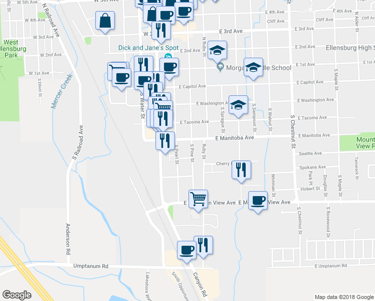 map of restaurants, bars, coffee shops, grocery stores, and more near 509 South Pine Street in Ellensburg