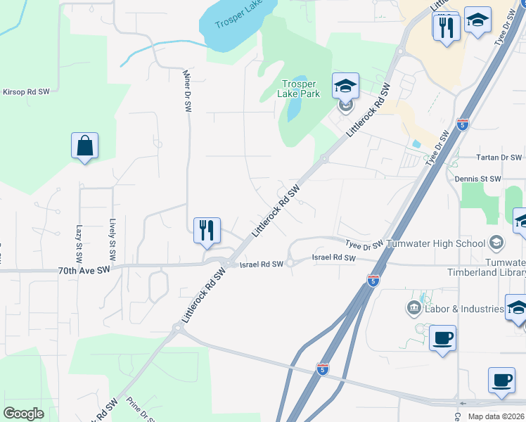 map of restaurants, bars, coffee shops, grocery stores, and more near 2240 McIver Court Southwest in Tumwater