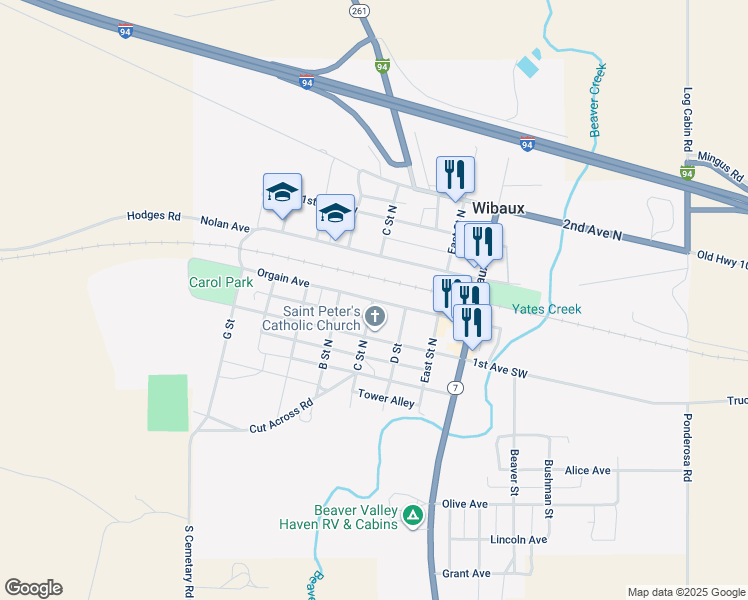 map of restaurants, bars, coffee shops, grocery stores, and more near Orgain Avenue in Wibaux