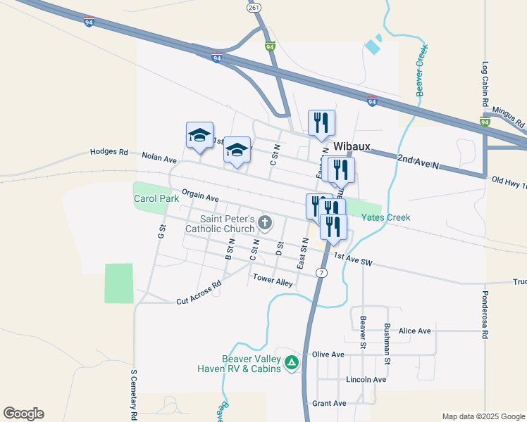 map of restaurants, bars, coffee shops, grocery stores, and more near Orgain Avenue in Wibaux