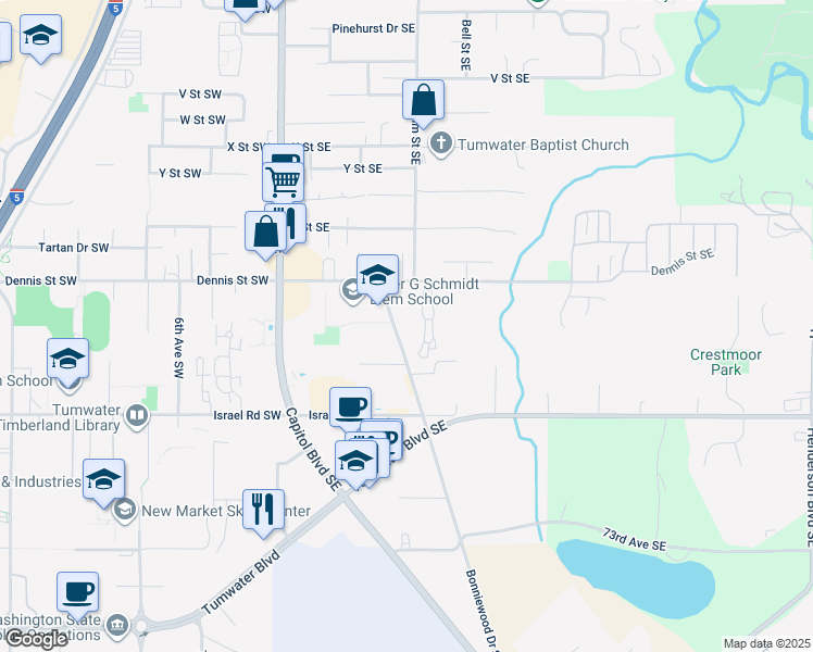 map of restaurants, bars, coffee shops, grocery stores, and more near 6710-6712 Bonniewood Drive Southeast in Tumwater