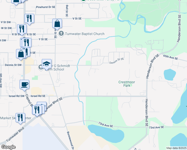 map of restaurants, bars, coffee shops, grocery stores, and more near 6743 Silver Ridge Drive Southeast in Tumwater