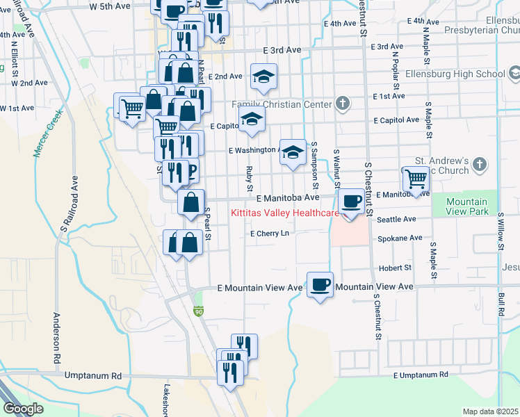 map of restaurants, bars, coffee shops, grocery stores, and more near 401 East Cherry Lane in Ellensburg