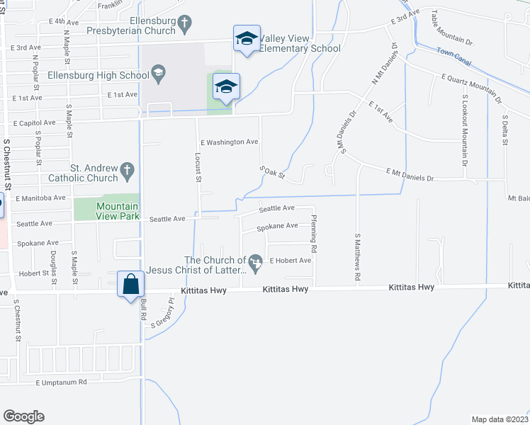 map of restaurants, bars, coffee shops, grocery stores, and more near 1600 Seattle Avenue in Ellensburg