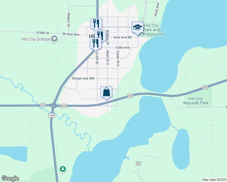 map of restaurants, bars, coffee shops, grocery stores, and more near 132 Highland Avenue Southeast in Hill City