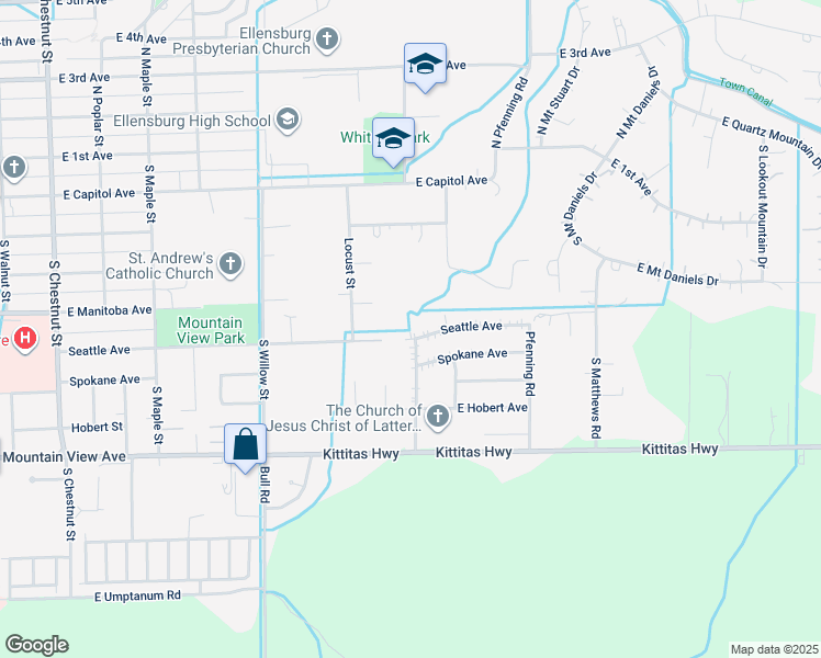 map of restaurants, bars, coffee shops, grocery stores, and more near 601 Magnolia Street in Ellensburg