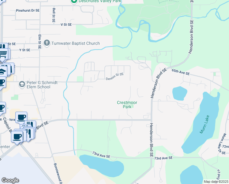 map of restaurants, bars, coffee shops, grocery stores, and more near 715 Dennis Street Southeast in Tumwater