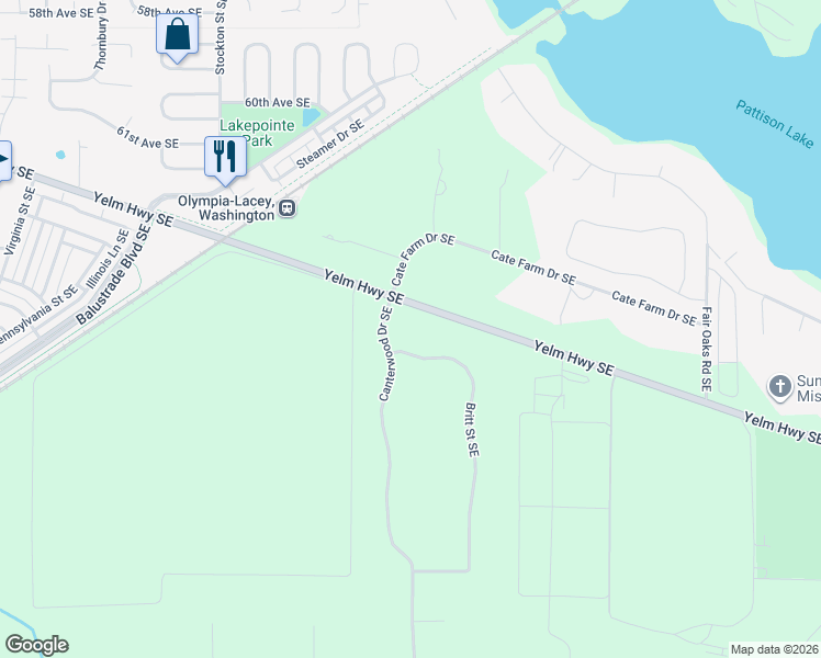 map of restaurants, bars, coffee shops, grocery stores, and more near 6822 Britt Street Southeast in Olympia