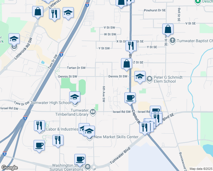 map of restaurants, bars, coffee shops, grocery stores, and more near 6740 6th Avenue Southwest in Tumwater