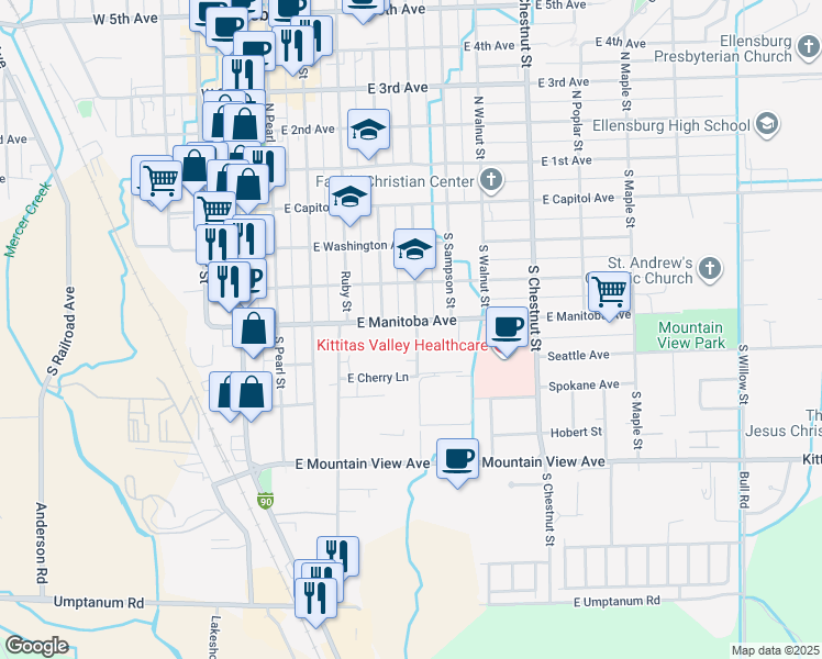 map of restaurants, bars, coffee shops, grocery stores, and more near 507 South Anderson Street in Ellensburg