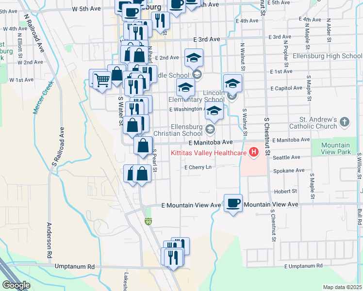 map of restaurants, bars, coffee shops, grocery stores, and more near 508 South Ruby Street in Ellensburg