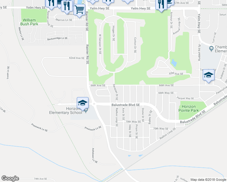 map of restaurants, bars, coffee shops, grocery stores, and more near 6631 Sarazen Street Southeast in Lacey