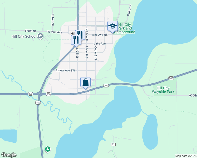 map of restaurants, bars, coffee shops, grocery stores, and more near 132 Highland Avenue Southeast in Hill City