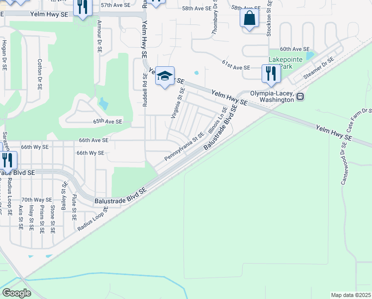 map of restaurants, bars, coffee shops, grocery stores, and more near 5901 Pennsylvania Street Southeast in Lacey