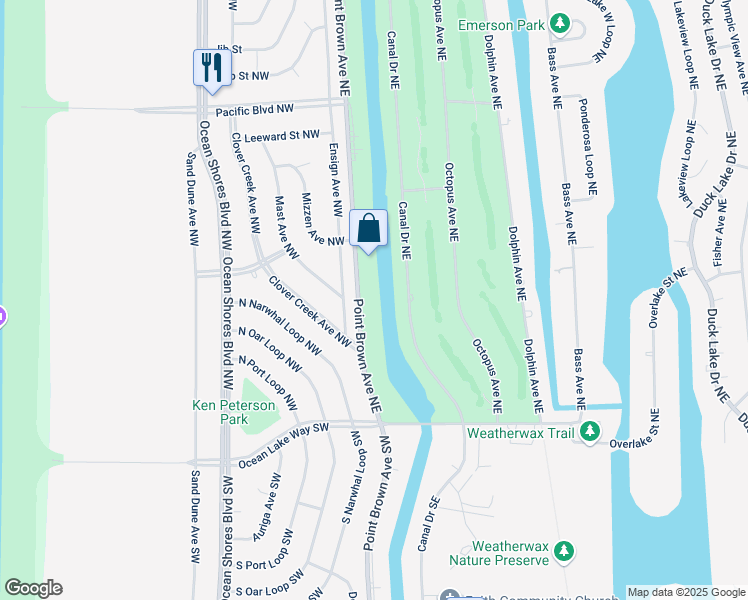 map of restaurants, bars, coffee shops, grocery stores, and more near 258 Ensign Avenue Northwest in Ocean Shores