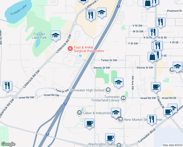 map of restaurants, bars, coffee shops, grocery stores, and more near 6735 Linderson Way Southwest in Tumwater