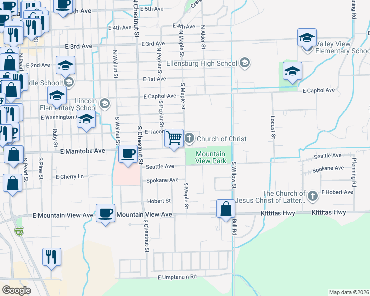 map of restaurants, bars, coffee shops, grocery stores, and more near 501 South Maple Street in Ellensburg