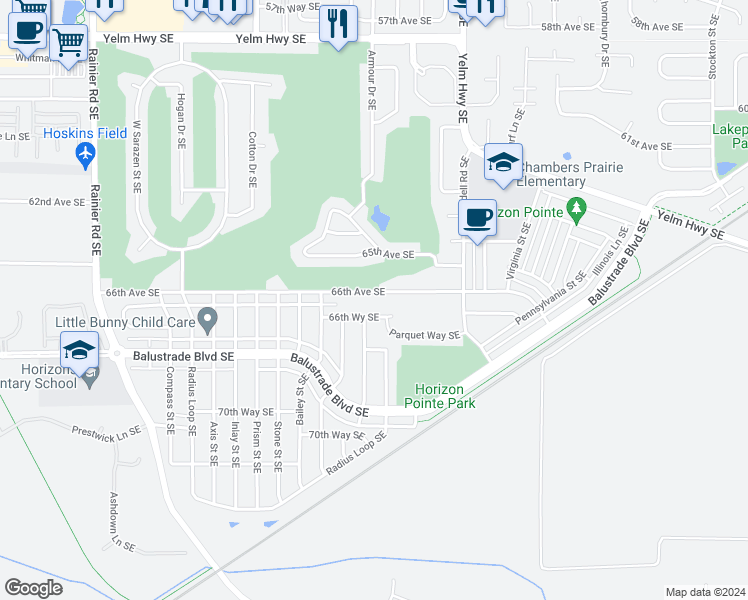 map of restaurants, bars, coffee shops, grocery stores, and more near 5333 66th Avenue Southeast in Lacey