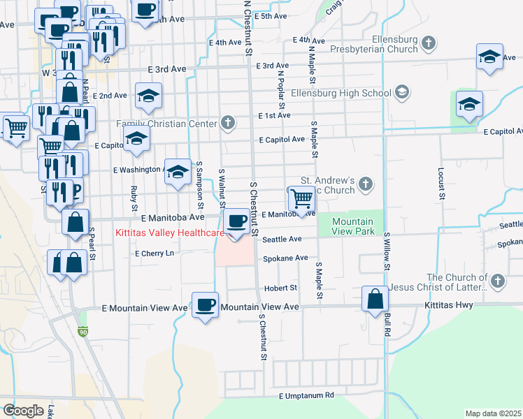 map of restaurants, bars, coffee shops, grocery stores, and more near 801 East Manitoba Avenue in Ellensburg